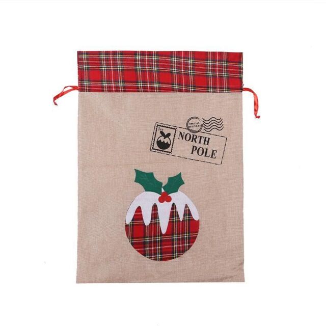 Shatchi Large Santa Sack Stocking Printed Pattern Burlap Hessian Linen Xmas Sock Christmas Hanging Gift Bags Home Decorations Snow in Brown - image 1