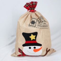 Shatchi Large Santa Sack Stocking Printed Pattern Burlap Hessian Linen Xmas Sock Christmas Hanging Gift Bags Home Decorations Snow in Brown - thumbnail 2
