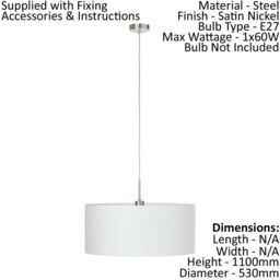 Loops Pendant Light Colour Satin Nickel Steel Shade White Fabric Bulb E27 1x60W in Metallics - thumbnail 2
