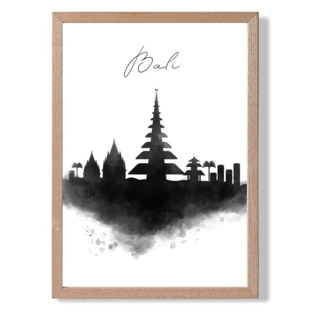 ARTZE Bali Watercolour Skyline City Framed Print SIZE: A2 with Oak Frame in Black - Size: A4 - image 1