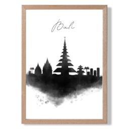 ARTZE Bali Watercolour Skyline City Framed Print SIZE: A2 with Oak Frame in Black - Size: A4 - thumbnail 1