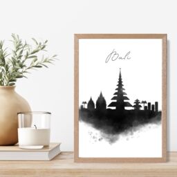 ARTZE Bali Watercolour Skyline City Framed Print SIZE: A2 with Oak Frame in Black - Size: A4 - thumbnail 2