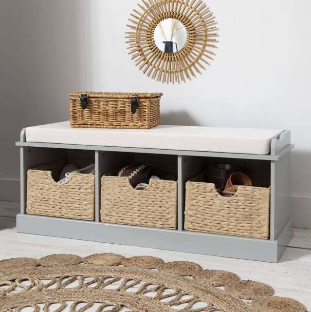 Nöa and Nani Stockholm Storage Bench with 3 Brown Baskets in Silk Grey - image 1