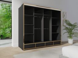 RAC3 Sliding Wardrobe for Bedroom with Mirror, Drawers LED Light & Golden Strips in Black - thumbnail 3