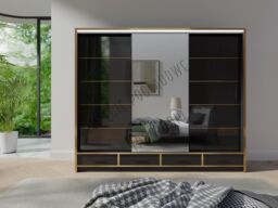 RAC3 Sliding Wardrobe for Bedroom with Mirror, Drawers LED Light & Golden Strips in Black - thumbnail 2