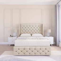 "Sloomy Luthor Plush Wingback Bed Set, 2 Drawers & 54"" Floor Standing Headboard in Cream - Size: Double" - thumbnail 2
