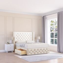 "Sloomy Luthor Plush Wingback Bed Set, 2 Drawers & 54"" Floor Standing Headboard in Cream - Size: Double" - thumbnail 1