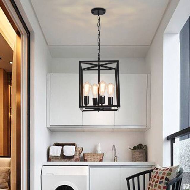 NIVOR 4-Light Vintage Lantern Pendant Industrial Metal Cage Chandeliers in Black - image 1