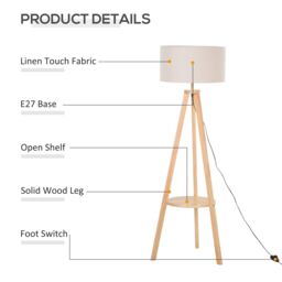 HOMCOM Bedside Light Free Standing Floor Lamp Tripod Holder Storage Shelf in Natural - thumbnail 4