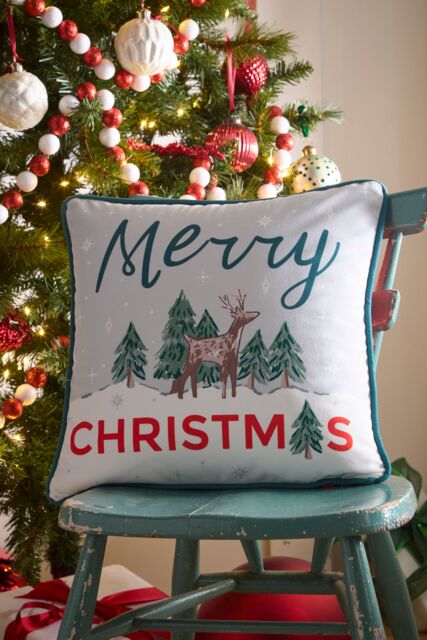 Fusion 'Merry Christmas Deer' Festive Print Velvet Filled Cushion in Green - Size: 43 cm x 43 cm - image 1