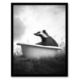 Artery8 Honey Badger in Bathtub Black White Surreal Framed Art Print in Grey - Size: A4 - thumbnail 1