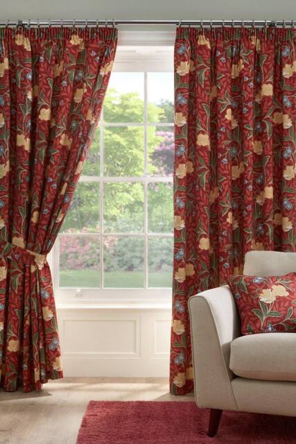 Dreams & Drapes 'Sandringham' 100% Cotton Pair of Pencil Pleat Curtains With Tie-Backs in Red - Size: 167 cm width x 137 cm drop - image 1