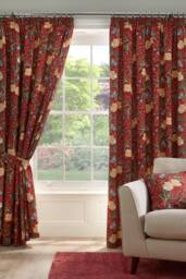 Dreams & Drapes 'Sandringham' 100% Cotton Pair of Pencil Pleat Curtains With Tie-Backs in Red - Size: 167 cm width x 137 cm drop