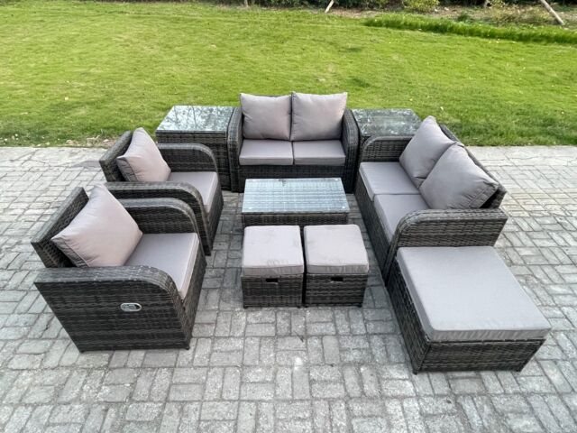 Fimous 9 Seater Rattan Garden Furniture Set Patio Outdoor Lounge Sofa Set with Rectangular Coffee Table 3 Footstools Love Sofa 2 Side Tables - image 1