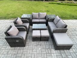 Fimous 9 Seater Rattan Garden Furniture Set Patio Outdoor Lounge Sofa Set with Rectangular Coffee Table 3 Footstools Love Sofa 2 Side Tables - thumbnail 1