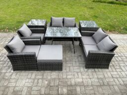 Fimous Rattan Garden Furniture Set Patio Outdoor Lounge Sofa Set with Rectangular Dining Table Double Seat Sofa 2 Side Tables in Dark Grey - thumbnail 2