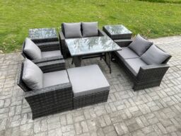 Fimous Rattan Garden Furniture Set Patio Outdoor Lounge Sofa Set with Rectangular Dining Table Double Seat Sofa 2 Side Tables in Dark Grey - thumbnail 1