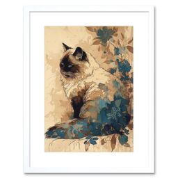 "Artery8 Wall Art Print Ragdoll Cat with Floral Patterns Watercolour Artwork Framed 9X7 Inch in White - Size: W7"" x H9""" - thumbnail 1