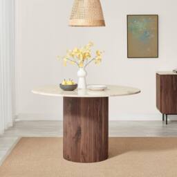 FurnitureboxUK Penrose Round Walnut & Marble Effect Slatted 4-6 Seater Dining Table - thumbnail 3