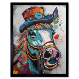 "Artery8 Wall Art Print Horse Hippie in Multicoloured Bridles & Top Hat Art Framed in Black - Size: W12"" x H16""" - thumbnail 1