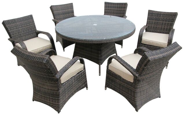 FURNITURE ONE Men's Rattan Effect 6 Seater Dining Set Round Table & chair set NO ASSEMBLY & ALUMINIUM FRAME in Brown - image 1