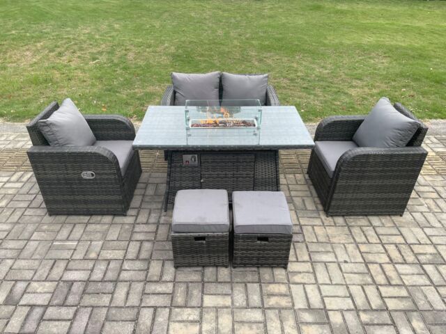Fimous Rattan Outdoor Garden Furniture Sofa Set Gas Fire Pit Dining Table Gas Heater with Love Sofa 2 Small Footstool Dark Grey Mixed - image 1