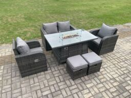 Fimous Rattan Outdoor Garden Furniture Sofa Set Gas Fire Pit Dining Table Gas Heater with Love Sofa 2 Small Footstool Dark Grey Mixed - thumbnail 3