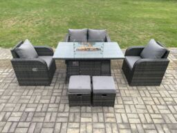 Fimous Rattan Outdoor Garden Furniture Sofa Set Gas Fire Pit Dining Table Gas Heater with Love Sofa 2 Small Footstool Dark Grey Mixed - thumbnail 1