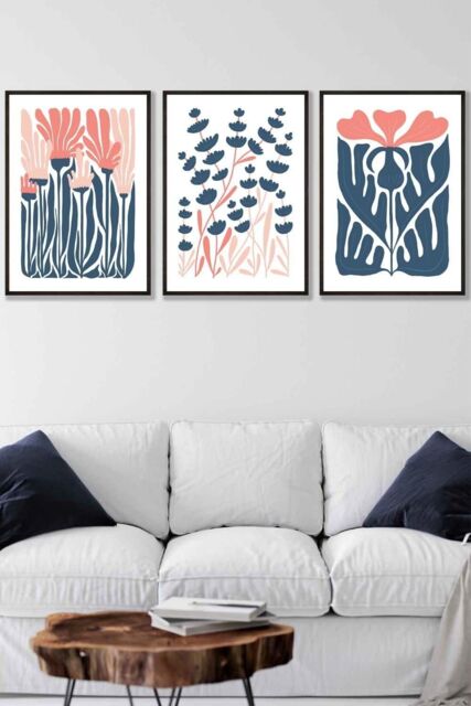 ARTZE Set of 3 Black Framed Boho Abstract Blue & Pink Floral Wall Art in Navy - Size: W33 cm x H45 cm x D20mm - image 1