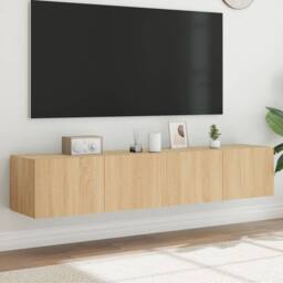 Berkfield Home TV Wall Cabinets with LED Lights 2 pcs Sonoma Oak 80x35x31 cm in Light Oak - Size: 80 x 35 x 31 cm - thumbnail 2