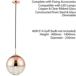 Loops Hanging Ceiling Pendant Light COPPER & RIBBED GLASS Sphere Lamp Bulb Holder - thumbnail 2