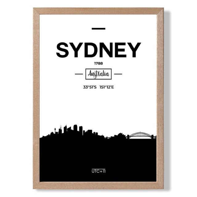 ARTZE Sydney Black & White City Skyline Framed Print SIZE: A2 with Oak Frame - Size: A4 - image 1