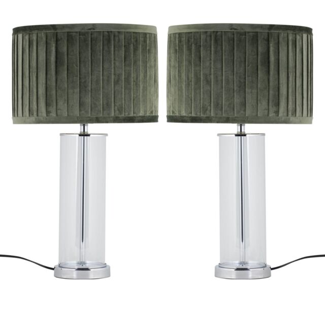 First Choice Lighting Set of 2 Aura - Chrome Table Lamps with Green Pleated Velvet Shades in Silver - image 1