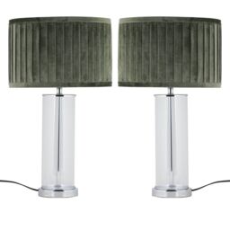 First Choice Lighting Set of 2 Aura - Chrome Table Lamps with Green Pleated Velvet Shades in Silver