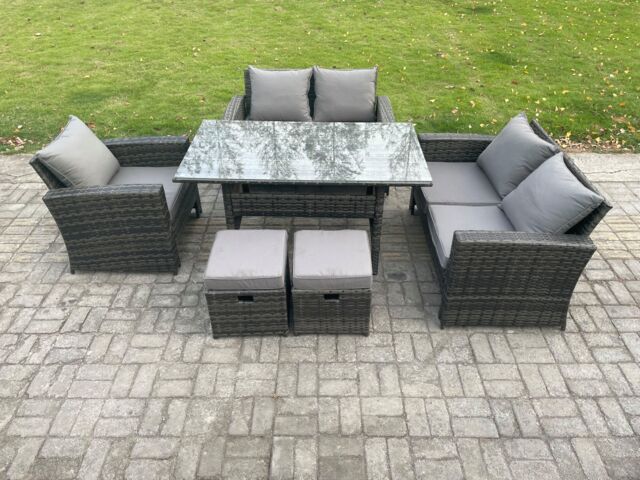 Fimous Wicker Rattan Garden Dining Set Outdoor Furniture Sofa with Dining Table Double Seat Sofa 2 Small Footstools Dark Grey Mixed