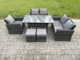 Fimous Wicker Rattan Garden Dining Set Outdoor Furniture Sofa with Dining Table Double Seat Sofa 2 Small Footstools Dark Grey Mixed - thumbnail 1
