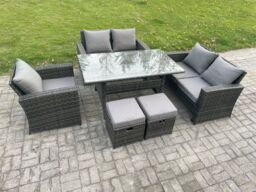 Fimous Wicker Rattan Garden Dining Set Outdoor Furniture Sofa with Dining Table Double Seat Sofa 2 Small Footstools Dark Grey Mixed - thumbnail 2