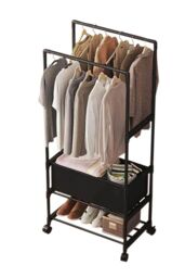 Living and Home 2 Rod Multi-Functional Clothes Rack Garment Rack with Laundry Basket Bedroom Coat Holder in Black - thumbnail 4