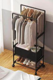 Living and Home 2 Rod Multi-Functional Clothes Rack Garment Rack with Laundry Basket Bedroom Coat Holder in Black - thumbnail 6