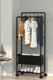 Living and Home 2 Rod Multi-Functional Clothes Rack Garment Rack with Laundry Basket Bedroom Coat Holder in Black