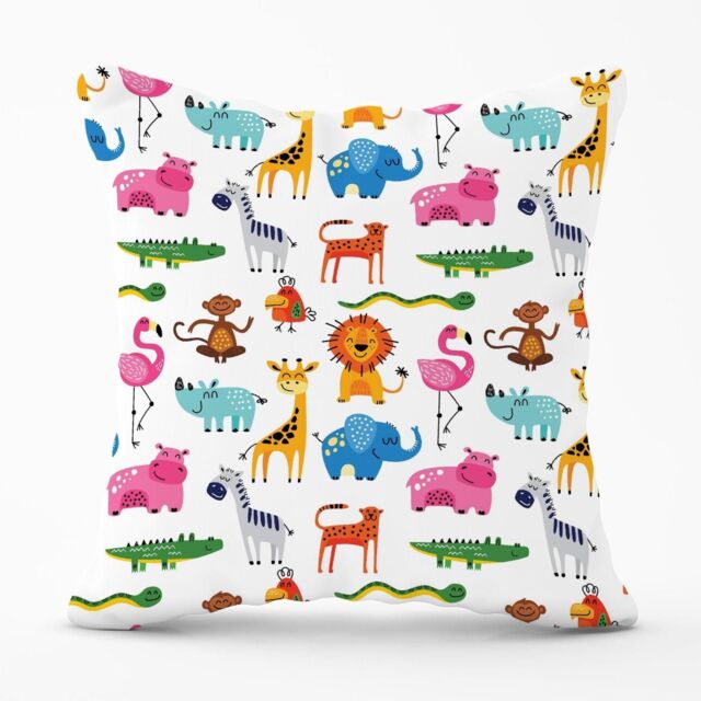 Warren Reed - Designer Hand Drawn Cartoon Animals Outdoor Cushion in Pink - Size: 60 cm x 60 cm - image 1