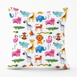 Warren Reed - Designer Hand Drawn Cartoon Animals Outdoor Cushion in Pink - Size: 60 cm x 60 cm - thumbnail 1