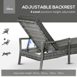 OUTSUNNY Patio Dual Rattan Wicker Single Sun Lounger with 5-Level Adjustable Headrest in Grey - thumbnail 4