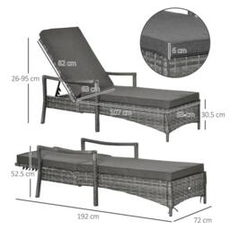OUTSUNNY Patio Dual Rattan Wicker Single Sun Lounger with 5-Level Adjustable Headrest in Grey - thumbnail 3