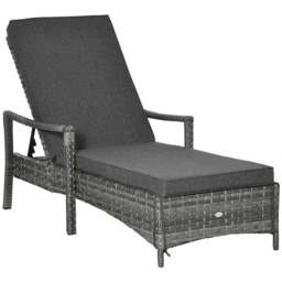 OUTSUNNY Patio Dual Rattan Wicker Single Sun Lounger with 5-Level Adjustable Headrest in Grey - thumbnail 2