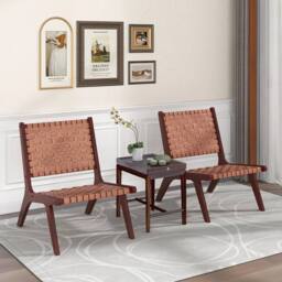 Hinsinc 2-Pack Woven Leather Wood Frame Accent Chairs in Brown - Size: 0.6m2 - thumbnail 3