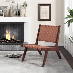 Hinsinc 2-Pack Woven Leather Wood Frame Accent Chairs in Brown - Size: 0.6m2 - thumbnail 6