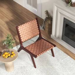 Hinsinc 2-Pack Woven Leather Wood Frame Accent Chairs in Brown - Size: 0.6m2 - thumbnail 5