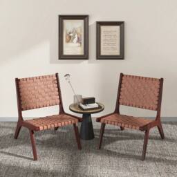 Hinsinc 2-Pack Woven Leather Wood Frame Accent Chairs in Brown - Size: 0.6m2 - thumbnail 4