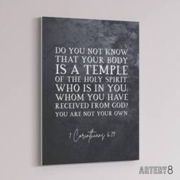 "Artery8 Corinthians 6 19 Body Temple Bible Quote Canvas Wall Art Print in Grey - Size: W18"" x H24""" - thumbnail 2